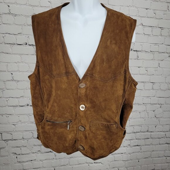 King Ranch Brown Genuine Suede Leather Western Lined Buttoned Vest Size Large L - Picture 1 of 16